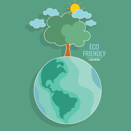 ECO FRIENDLY. Ecology concept with Green Eco Earth and Trees. Vector illustrationのイラスト素材