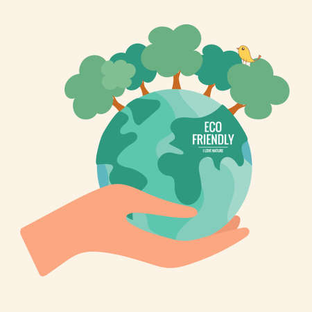 ECO FRIENDLY. Ecology concept with hand holding tree. Vector illustrationのイラスト素材