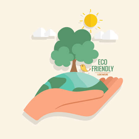 ECO FRIENDLY. Ecology concept with hand holding tree. Vector illustrationのイラスト素材