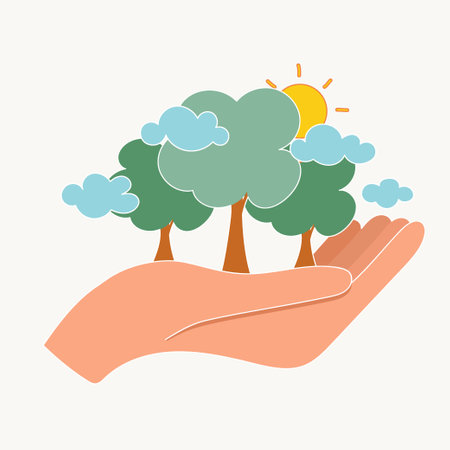 ECO FRIENDLY. Ecology concept with hand holding tree. Vector illustrationのイラスト素材