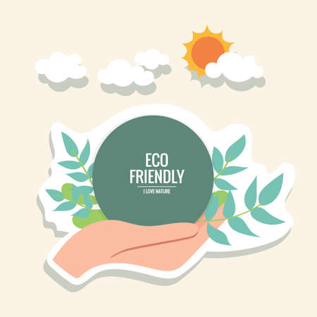 ECO FRIENDLY. Ecology concept with hand holding tree. Vector illustrationのイラスト素材