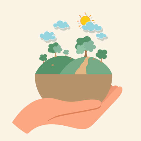 ECO FRIENDLY. Ecology concept with hand holding tree. Vector illustrationのイラスト素材