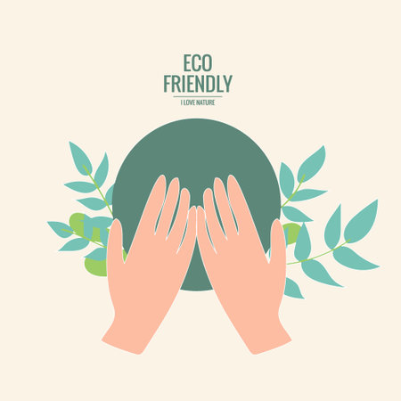 ECO FRIENDLY. Ecology concept with hand holding tree. Vector illustrationのイラスト素材
