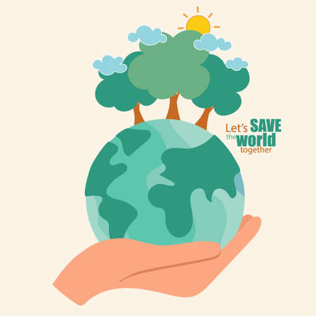 ECO FRIENDLY. Ecology concept with hand holding tree. Vector illustrationのイラスト素材