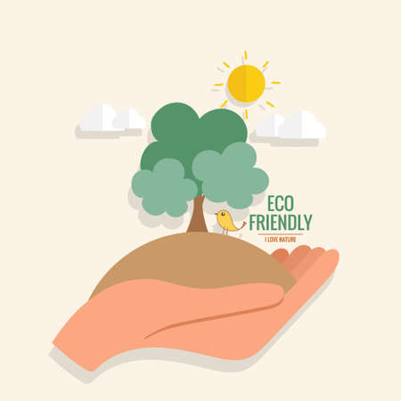 ECO FRIENDLY. Ecology concept with hand holding tree. Vector illustrationのイラスト素材