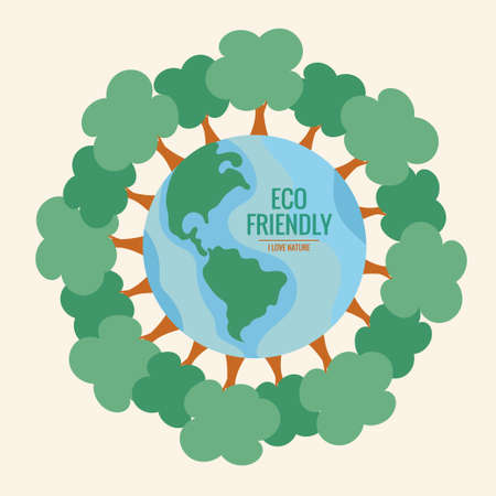 ECO FRIENDLY. Ecology concept with hand holding tree. Vector illustrationのイラスト素材