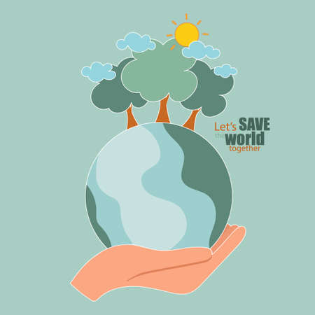 ECO FRIENDLY. Ecology concept with hand holding tree. Vector illustrationのイラスト素材