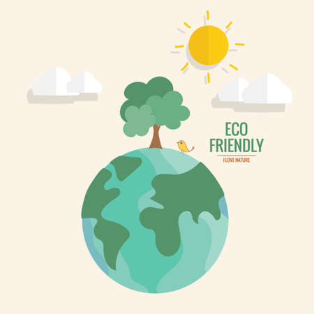 ECO FRIENDLY. Ecology concept with hand holding tree. Vector illustrationのイラスト素材