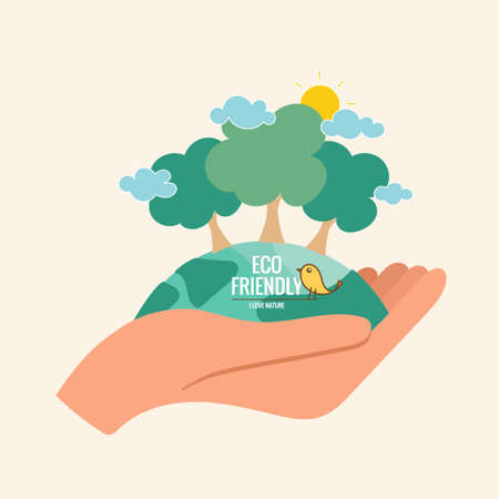 ECO FRIENDLY. Ecology concept with hand holding tree. Vector illustrationのイラスト素材