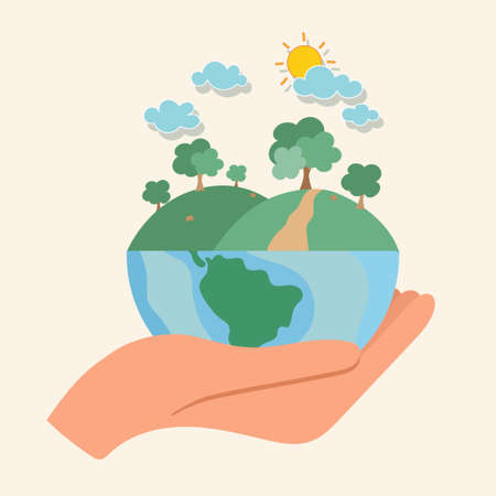 ECO FRIENDLY. Ecology concept with hand holding tree. Vector illustrationのイラスト素材