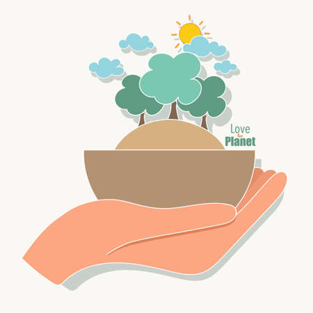ECO FRIENDLY. Ecology concept with hand holding tree. Vector illustrationのイラスト素材
