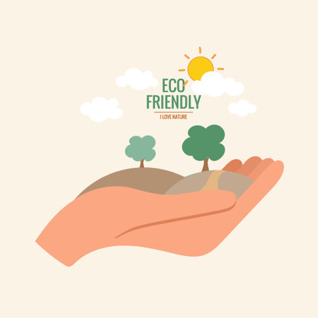 ECO FRIENDLY. Ecology concept with hand holding tree. Vector illustrationのイラスト素材