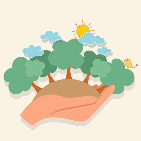 ECO FRIENDLY. Ecology concept with hand holding tree. Vector illustrationのイラスト素材