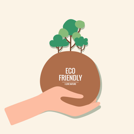 ECO FRIENDLY. Ecology concept with hand holding tree. Vector illustrationのイラスト素材