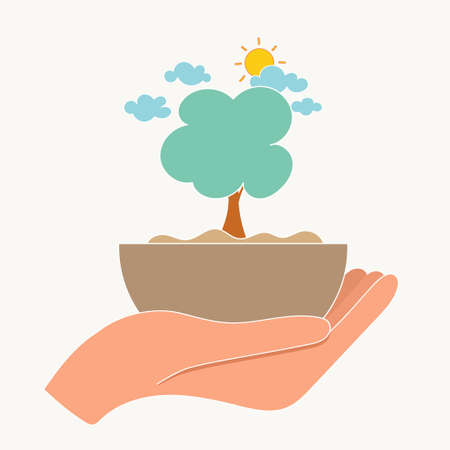 ECO FRIENDLY. Ecology concept with hand holding tree. Vector illustrationのイラスト素材