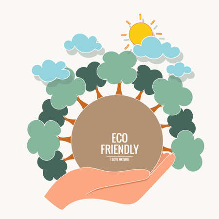 ECO FRIENDLY. Ecology concept with hand holding tree. Vector illustrationのイラスト素材