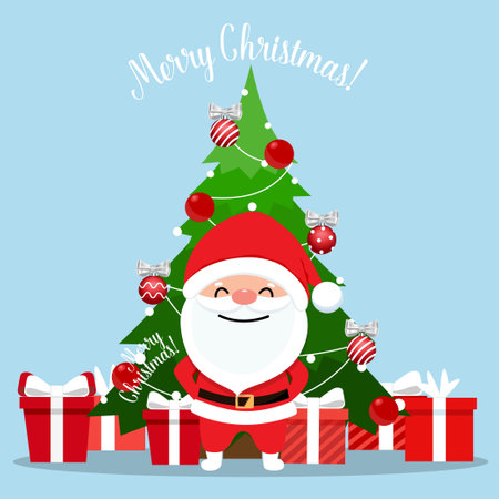 Santa Claus and Decorated Christmas tree. Merry Christmas and Happy New Year background. Vector illustrationのイラスト素材