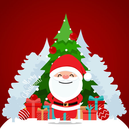 Santa Claus and Decorated Christmas tree. Merry Christmas and Happy New Year background. Vector illustrationのイラスト素材