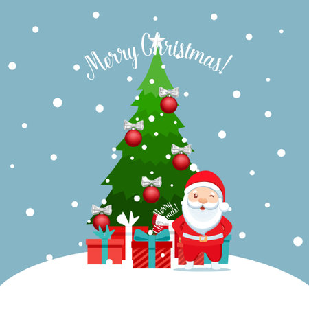 Santa Claus and Decorated Christmas tree. Merry Christmas and Happy New Year background. Vector illustrationのイラスト素材