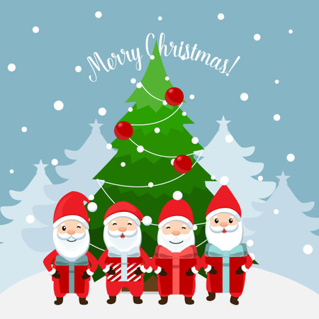 Santa Claus and Decorated Christmas tree. Merry Christmas and Happy New Year background. Vector illustrationのイラスト素材