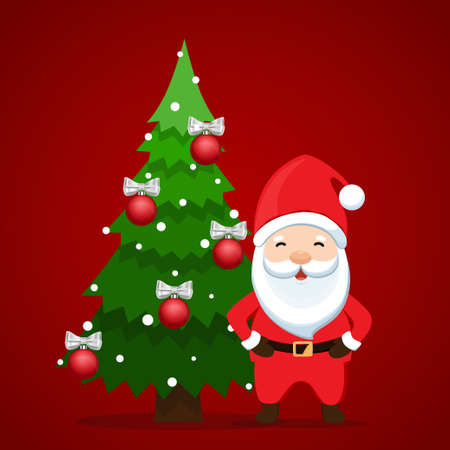 Santa Claus and Decorated Christmas tree. Merry Christmas and Happy New Year background. Vector illustrationのイラスト素材