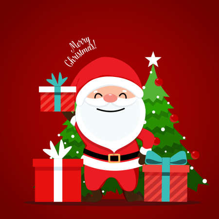 Santa Claus and Decorated Christmas tree. Merry Christmas and Happy New Year background. Vector illustrationのイラスト素材