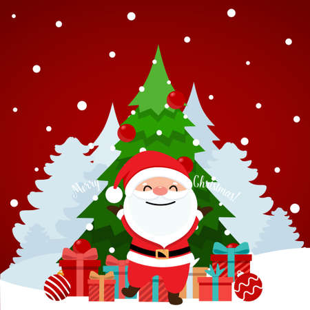 Santa Claus and Decorated Christmas tree. Merry Christmas and Happy New Year background. Vector illustrationのイラスト素材