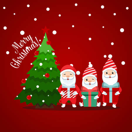 Santa Claus and Decorated Christmas tree. Merry Christmas and Happy New Year background. Vector illustrationのイラスト素材