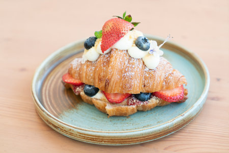 Breakfast with Fresh butter croissantsの写真素材