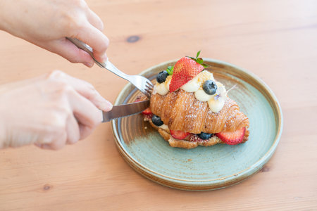 Breakfast with Fresh butter croissantsの写真素材