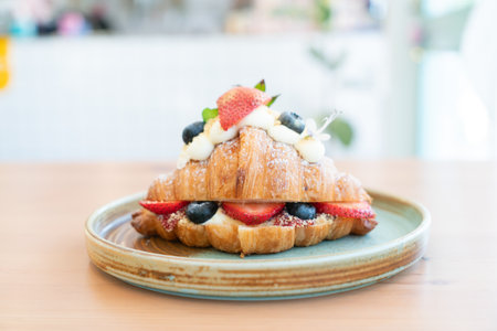 Breakfast with Fresh butter croissantsの写真素材