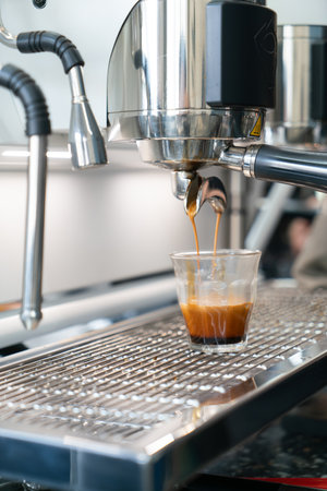 Professional espresso coffee making machine in a restaurantの写真素材