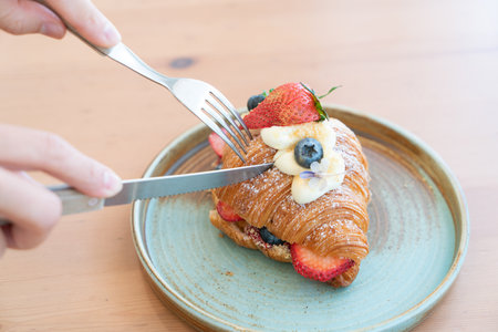Breakfast with Fresh butter croissantsの写真素材