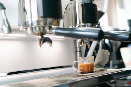 Preparing coffee in coffee shop with professional coffee machineの写真素材