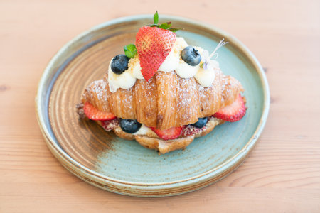 Breakfast with Fresh butter croissantsの写真素材