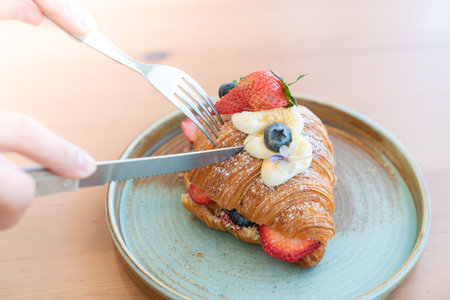 Breakfast with Fresh butter croissantsの写真素材
