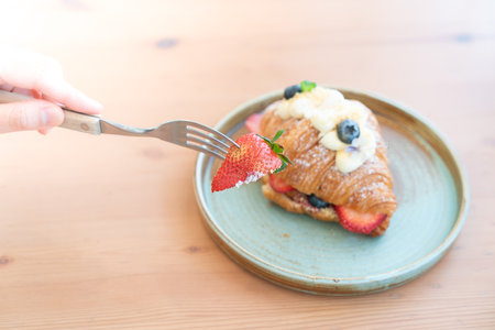 Breakfast with Fresh butter croissantsの写真素材