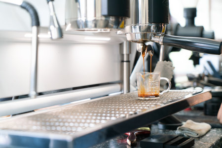 Professional espresso coffee making machine in a restaurantの写真素材