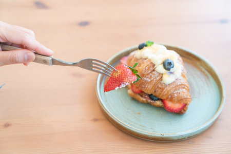 Breakfast with Fresh butter croissantsの写真素材