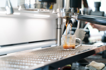 Professional espresso coffee making machine in a restaurantの写真素材