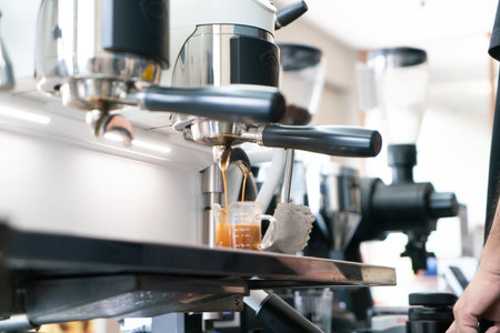 Professional espresso coffee making machine in a restaurantの写真素材