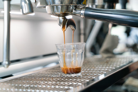 Professional espresso coffee making machine in a restaurantの写真素材