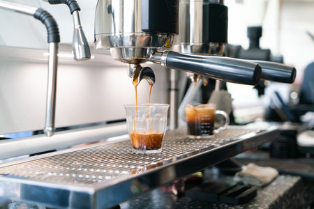 Professional espresso coffee making machine in a restaurantの写真素材