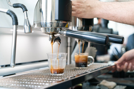Professional espresso coffee making machine in a restaurantの写真素材