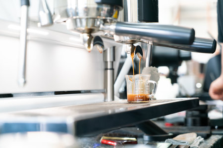Professional espresso coffee making machine in a restaurantの写真素材
