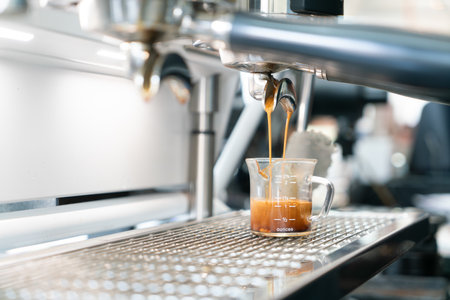 Preparing coffee in coffee shop with professional coffee machineの写真素材