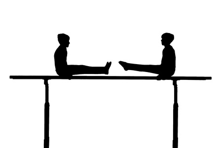 Gymnast on the pole as silhouette in black and whiteの写真素材