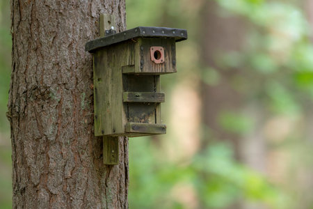Old homemade bird nesting box hangs on a tree in front of blurred background