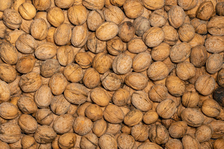 Evenly distributed brown walnuts fill the frame as a background