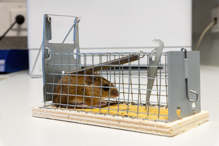 Little mouse sits trapped in a wire trap against blurred backgroundの写真素材